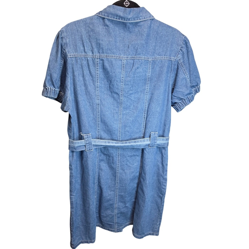 Blue Denim Short Puff Sleeve Snap Front Belted Shirt Dress Large L - Picture 3 of 5
